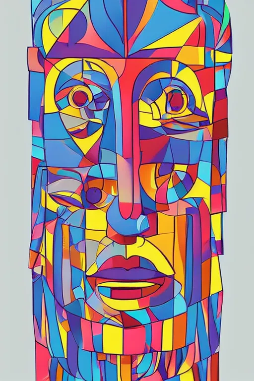 Image similar to cubist moai statue cutout digital illustration cartoon colorful beeple