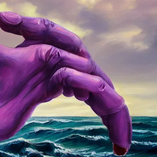 Image similar to an oil painting of a giant purple hand, coming out of the ocean, holding a viking ship