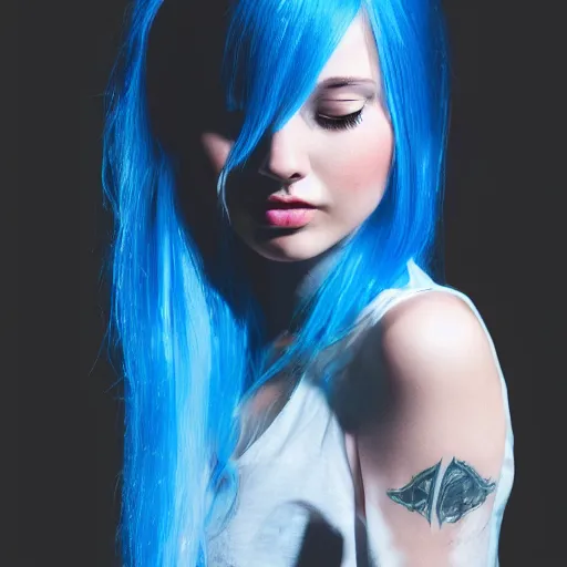 Prompt: hd photo of a pretty girl with blue hair, pretty lights, modern house, trending on artstation