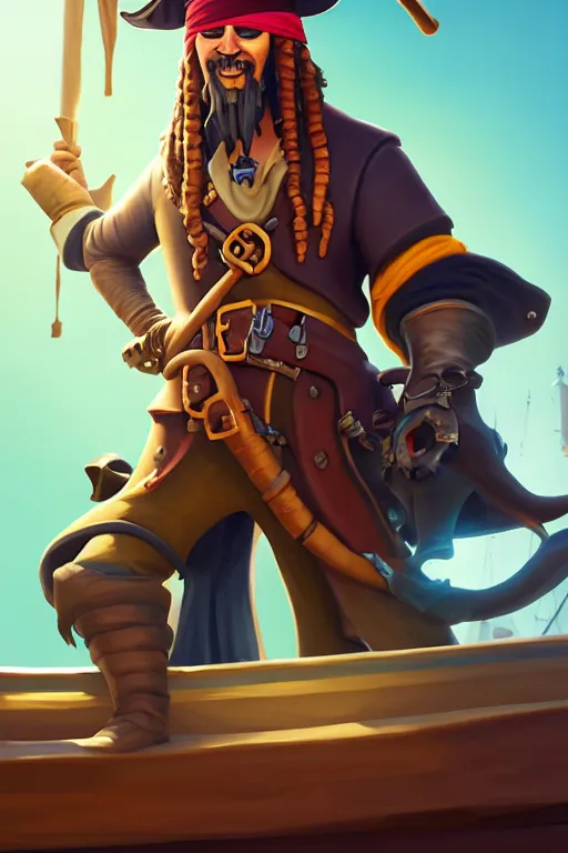 Image similar to a pirate man with an astronaut helmet with long black hair on a pirate ship, d & d, sea of thieves, fantasy digital painting, trending on artstation, concept art, sharp focus, illustration, global illumination, ray tracing, realistic shaded, art by artgerm and greg rutkowski and fuji choko and viktoria gavrilenko and hoang lap