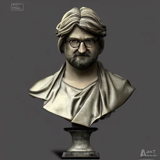 Image similar to beautiful lifelike award winning marble statue bust of gabe newell trending on art station artgerm greg rutkowski alphonse mucha museum quality cinematic atmospheric