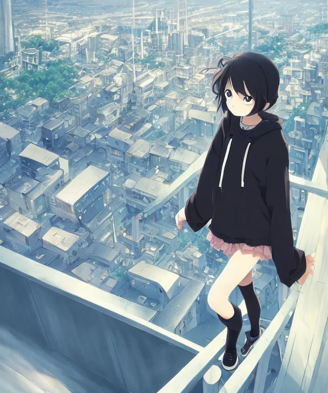 Prompt: anime visual, portrait of a young black haired girl wearing hoodie sightseeing above the city, guardrail, cute face by yoh yoshinari, katsura masakazu, dramatic lighting, dynamic pose, dynamic perspective, strong silhouette, ilya kuvshinov, anime cels, 1 8 mm lens, fstop of 8, rounded eyes, moody, detailed facial features