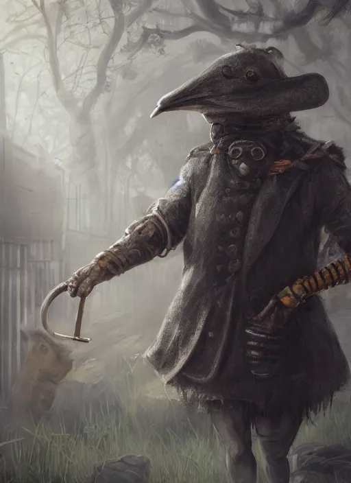 Image similar to detailed full body concept art illustration, dark soft focus, oil painting on canvas of an anthropomorphic capybara plague doctor in full intricate clothing, biomutant, dystopian, micro detail, octane render, 4K