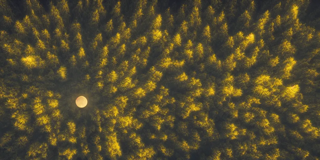 Prompt: moonlit night, forested mountains, cold light, dense forest, overhead view, fog, 2 d disney cartoon style