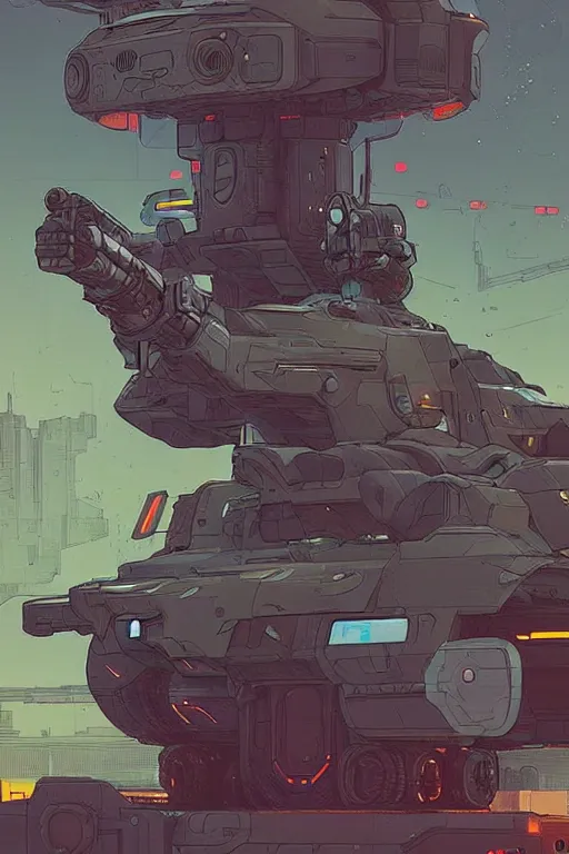 Prompt: comic book illustration, an android soldier sits on the turret of a futuristic tank, cyberpunk concept art by josan gonzales and Moebius, highly detailed, intricate, sci-fi, sharp focus, Trending on Artstation HQ, deviantart