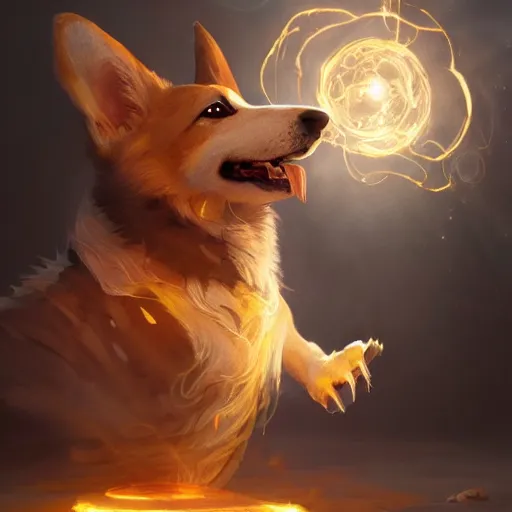 Prompt: d & d character art, corgi casting a magic spell, glowing aura, intense, intricate, hyperrealistic, extremely detailed digital illustration, greg rutkowski, artgerm, trending on artstation, award - winning