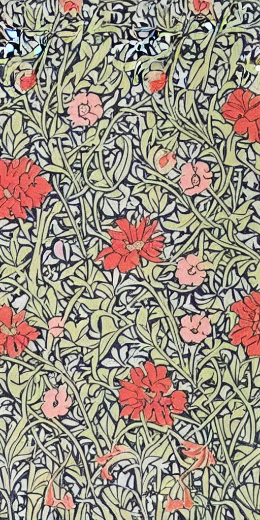 Image similar to spring flowers, happy, beautiful, style of william morris print