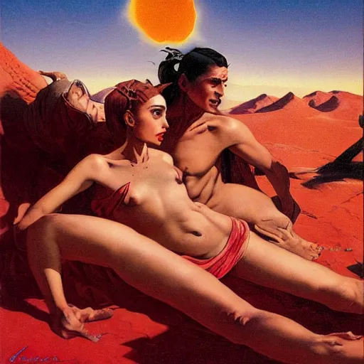 Image similar to Silk sheet desert ecstasy Bedouin under crimson azure diamond sky, in the style of Frank Frazetta, Jeff Easley, Caravaggio, extremely clear faces coherent, clear lines, 8K revolution