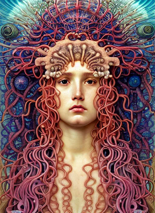 Image similar to hyperrealistic detailed underwater face portrait of the beautiful goddess of the jellyfish with an intricate headgear of corals, sea kelp, sea plants, fish, starfish, jellyfish, art by ernst haeckel, john william godward, android jones, alphonso mucha, gothic - cyberpunk, ornamental, beautiful deep colours,