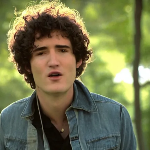 Prompt: Tim Buckley singing in a park, Cinematography by Roger Deakins