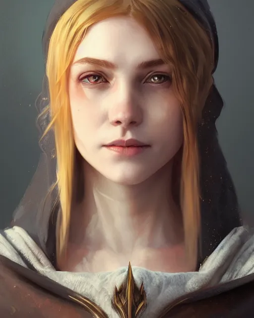 Prompt: Close-up portrait of smiling young nordic girl wearing hood, dark fantasy, portrait, highly detailed, digital painting, artstation, concept art, sharp focus, illustration, art by artgerm and greg rutkowski and alphonse mucha