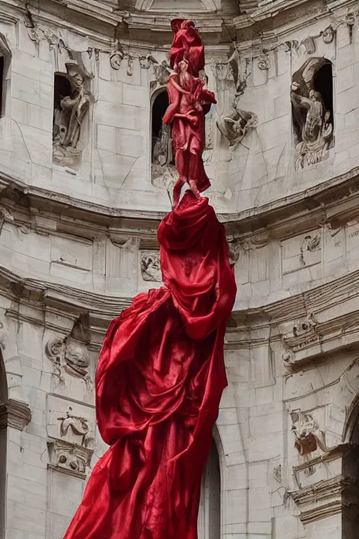 Image similar to a dramatic view of the sacrifice of the priest statue dressed with soft red silk fabric made in heavy marble, with few ornaments in shiny polished stone, sculpted by hedi xandt and antonio corradini