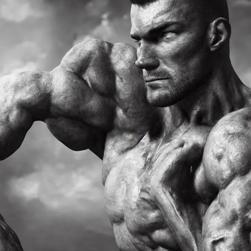 Image similar to a single muscular man wearing torn clothes, looking to the right, profile picture, hyperrealistic, concept art, octane render, unreal engine 5, trending on artstation, high quality, highly detailed, 8 k, dramatic lighting, cinematic, high coherence, anatomically correct, five fingers, digital art, seductive, black and white