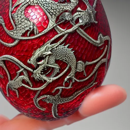 Prompt: red dragon egg, hyper detailed, hyper realistic, sparkling, jewel, game of thrones, symmetrical, 8 k, scales