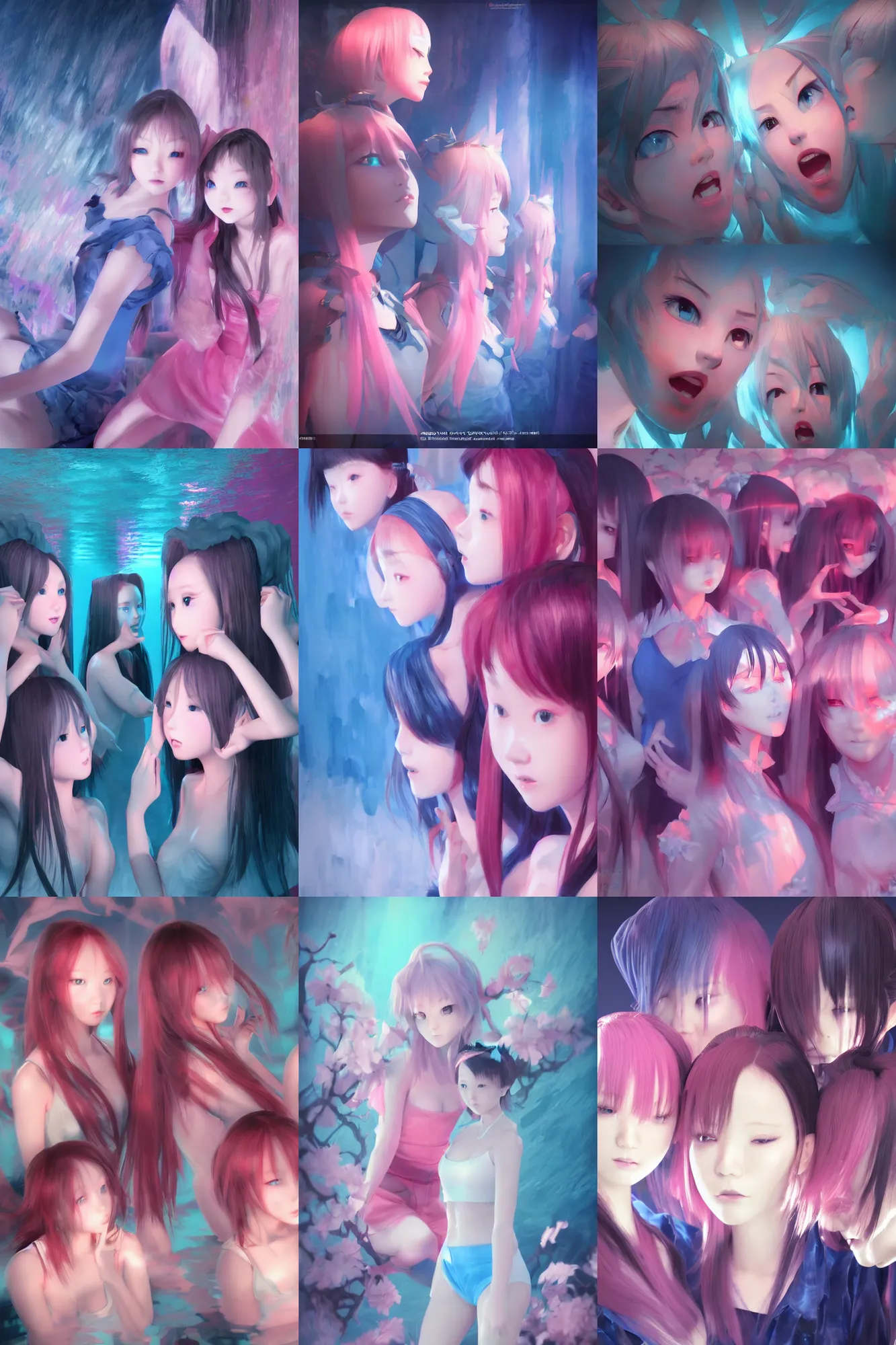 Image similar to 3d dark infrared octane render concept art by D. Jun, by Mo Xiang Tong Xiu, by Igarashi Daisuke, beauty portrait anime schoolgirls under dark pink and blue water. cute face. complex mirror room. dramatic light, trending on artstation.