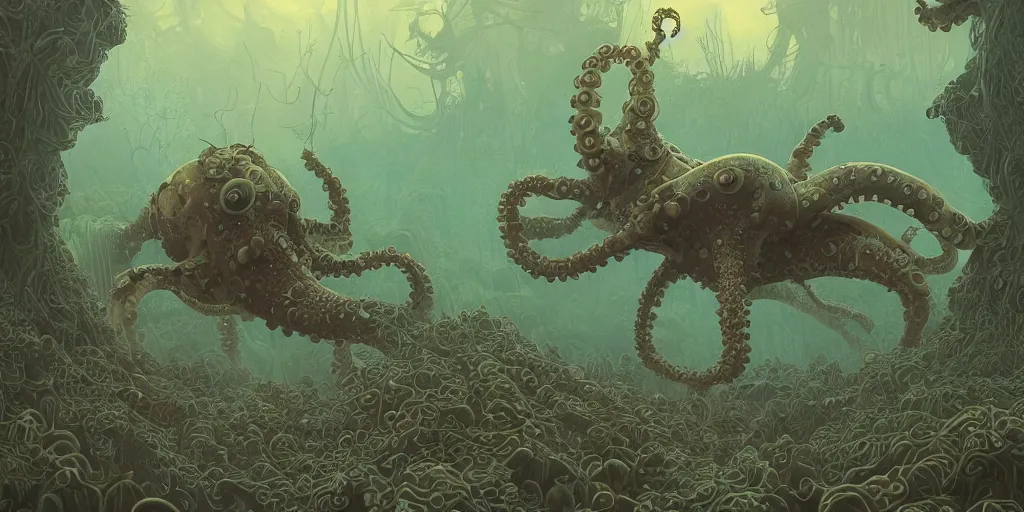 Image similar to highly detailed illustration of a nausicaa alien cephalopod in a world overgrown with fungus and spores, diffuse lighting, fog, stunning atmosphere, religious imagery, huge gargantuan black sun, muted colors, by kilian eng and james jean