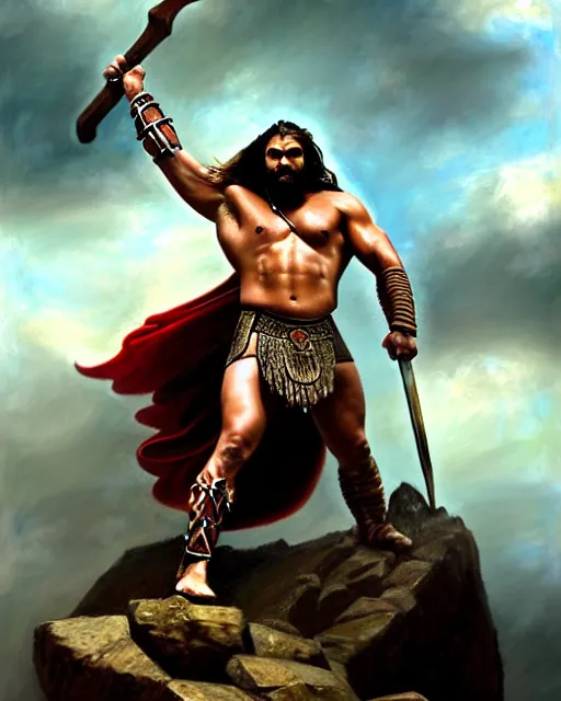 Prompt: beautiful portrait oil painting, jason momoa conan the barbarian thor standing on a rock wearing a crown and royal crimson spartan armor enthroned as the god emperor of ancient rome, muscular!!!, action pose, frank frazetta, boris vallejo, greg rutkowski, beautiful cinematic light, low angle, thomas lawrence, greg rutkowski, high contrast