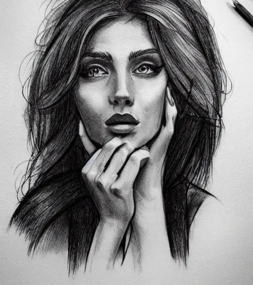 Image similar to tattoo design sketch of a very beautiful woman face against a background of beautiful mountains and nature, hyper - realistic, in the style of den yakovlev, amazing detail, black and white