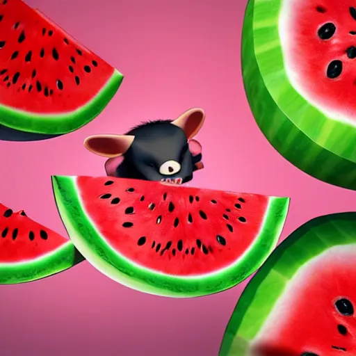 Image similar to cute kawaii realistic fruit bat eats a watermelon piece, digital art, high quality, illustration, art, detailed, 3 d render, sticker,