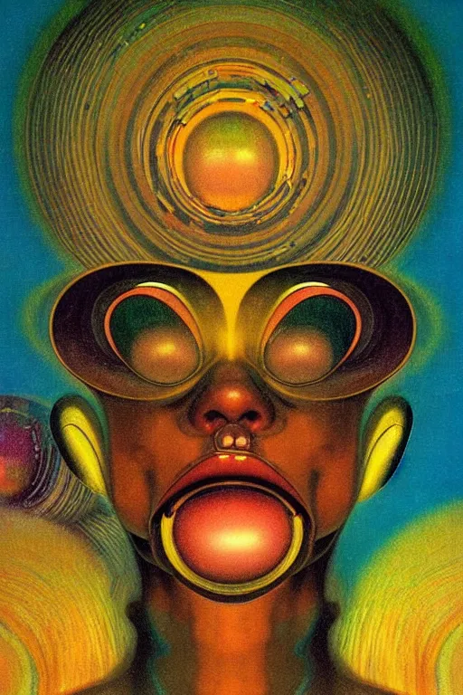 Image similar to 8 0 s art deco close up portait of mushroom head with big mouth surrounded by spheres, rain like a dream oil painting curvalinear clothing cinematic dramatic cyberpunk fluid lines otherworldly vaporwave interesting details epic composition by basquiat artgerm rutkowski moebius francis bacon gustav klimt