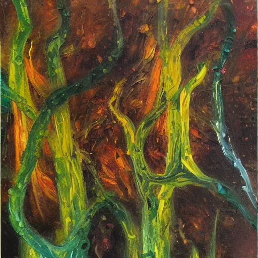 Image similar to mycelial network, expressive oil painting