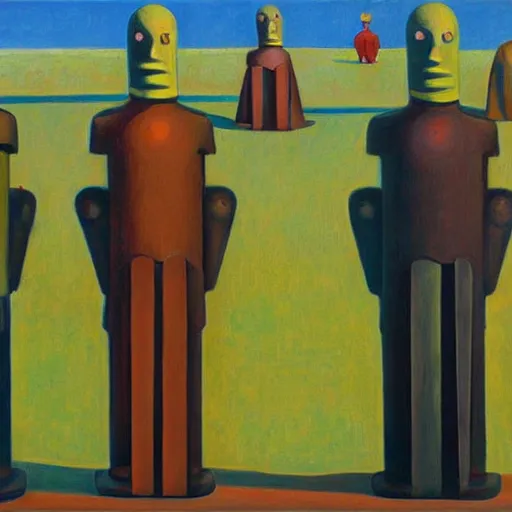 Image similar to robot bishop army, one robot a different color, grant wood, pj crook, edward hopper, oil on canvas