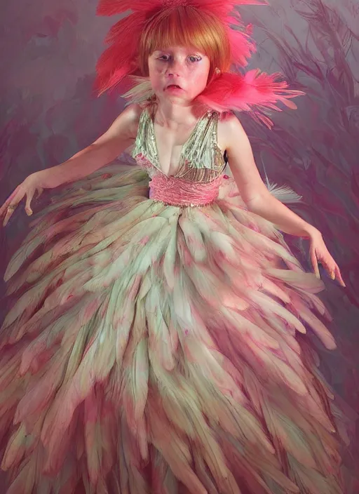 Image similar to beautiful little girl with an pink eccentric haircut wearing an dress made of feathers dancing on stage, artwork made by ilya kuvshinov, inspired in donato giancola, hd, ultra realistic, reflection, stage