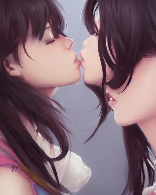 Image similar to portrait of two girls kissing, anime, drawn by WLOP, trending on Artstation