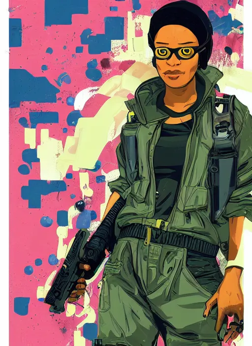 Image similar to maria igwe. cyberpunk hacker in tactical jumpsuit. portrait illustration, pop art, splash painting, art by geof darrow, ashley wood, alphonse mucha, makoto shinkai