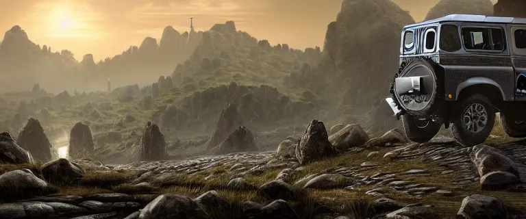 Image similar to Land Rover Defender 110 (1985), The Elder Scrolls III: Morrowind, dwemer Akulakhan robot in the distance, ancient dwemer ruins, an epic fantasy, dramatic lighting, cinematic, establishing shot, extremely high detail, photorealistic, cinematic lighting, artstation, by simon stalenhag, the Nerevarine drives across Morrowind, strange flora, strange fauna, Bull Netch floating around, Morrowind fauna prominent across the landscape
