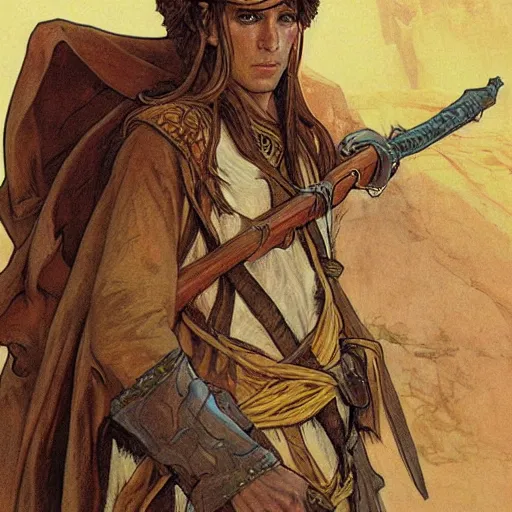 Image similar to Kethlan the elven desert bandit. Epic portrait by james gurney and Alfonso mucha.