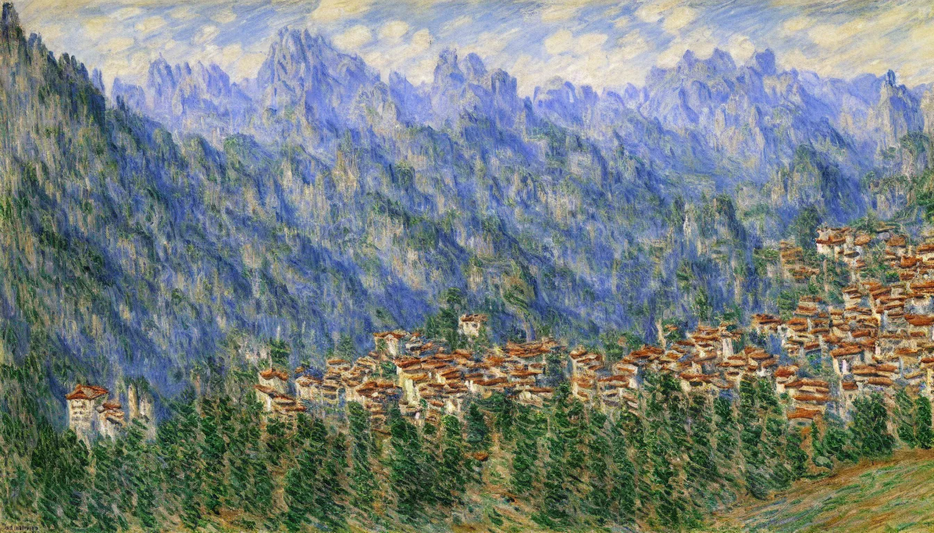 Image similar to an italian town in the dolomites mountains, by claude monet