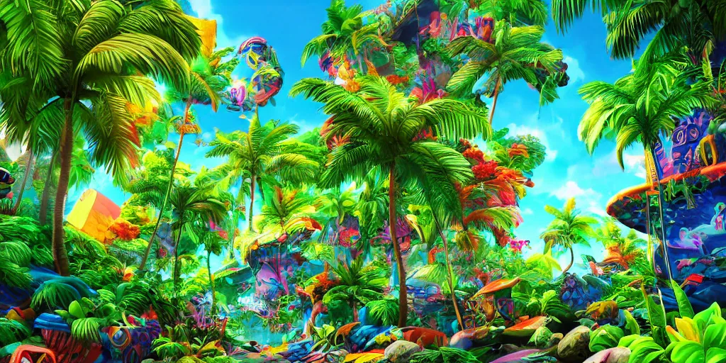 Image similar to plastic beach island lush vegetation caustics fluid simulation lighting impressive colorful masterpiece graffiti hyper perspective textured detailed intricate sharp focus 8 k