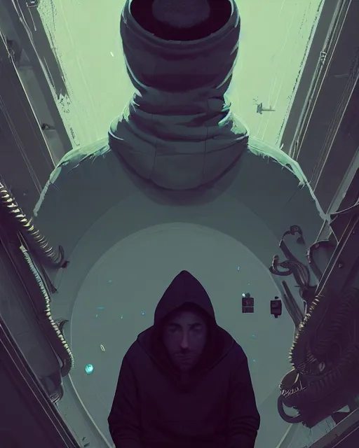 Prompt: tomorrowland, hyper - realistic portrait of a man in a hoodie, with detailed background, intricate, 4 k, by atey ghailan, by greg rutkowski, by greg tocchini, by james gilleard, by joe fenton, by kaethe butcher, dynamic lighting, lighting color scheme, sharp focus, grunge aesthetic