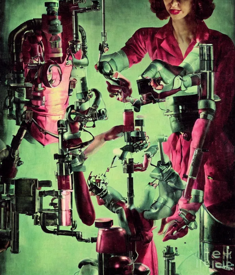 Image similar to a female mad scientist building a humanoid robot, in a darkly lit laboratory room, 1 9 5 0 s horror movie poster style, norman rockwell oil painting, close - up shot, retro science fiction, vintage, saturated pink and green lighting, shadowy lighting, cohesive