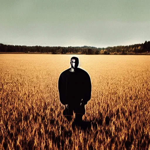 Prompt: a distant photo of Kanye West holding a small glowing white orb standing in a field of dead grass next to a lake, wide angle, in the distance, far away, vintage photo, film grain, cold weather