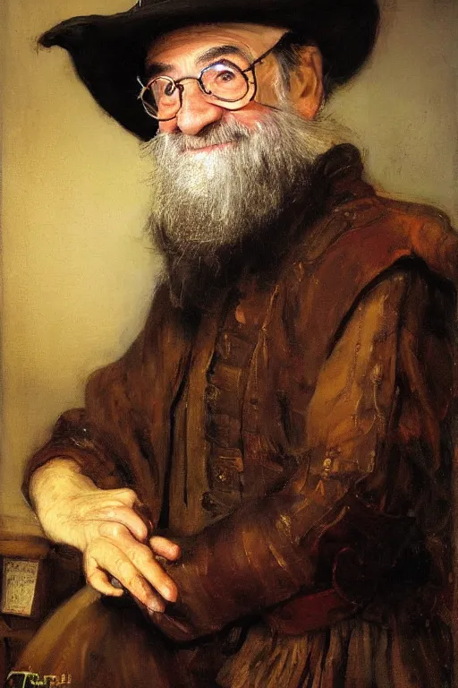 Prompt: terry pratchett smiling slightly by rembrandt and konstantin razumov