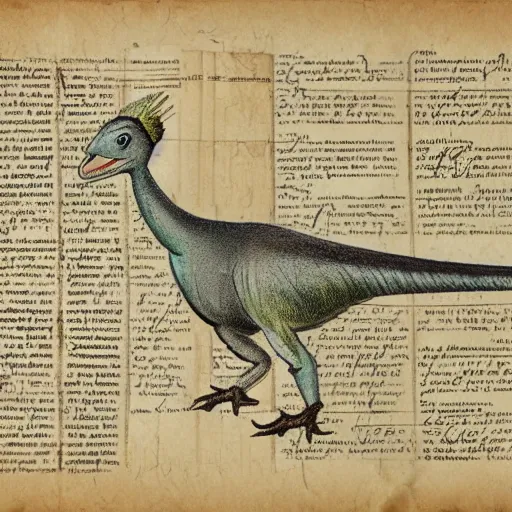 Image similar to vintage parchment with a sketch of a feathered dinosaur with full descriptions, 8K, HD, highly detailed, high quality