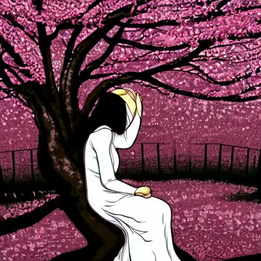 Image similar to a crying woman in a white gown kneeling at a beautiful shrine under a cherry blossom tree, rainy wet, ultradetailed, hd 8 k, illustration, aaron horkey