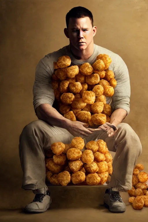 Image similar to channing tatum in a tater tot costume, oil on canvas, intricate, 8 k highly professionally detailed, hdr, cgsociety