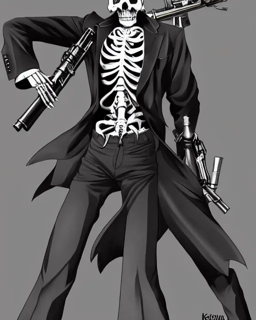 Image similar to shin megami tensei art of a demon that is a skeleton mafia gangster from 1 9 3 0 s holding a tommygun, art by kazuma kaneko, demonic! compedium!, digital drawing, law - alligned, white background, high quality, highly detailed