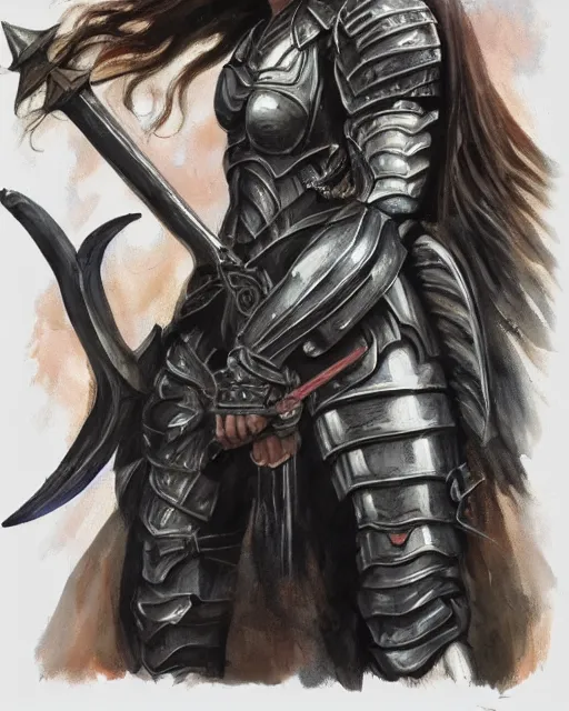 Image similar to a fierce and muscular warrior princess in full armor, fantasy character portrait, dark and atmoshperic gouache