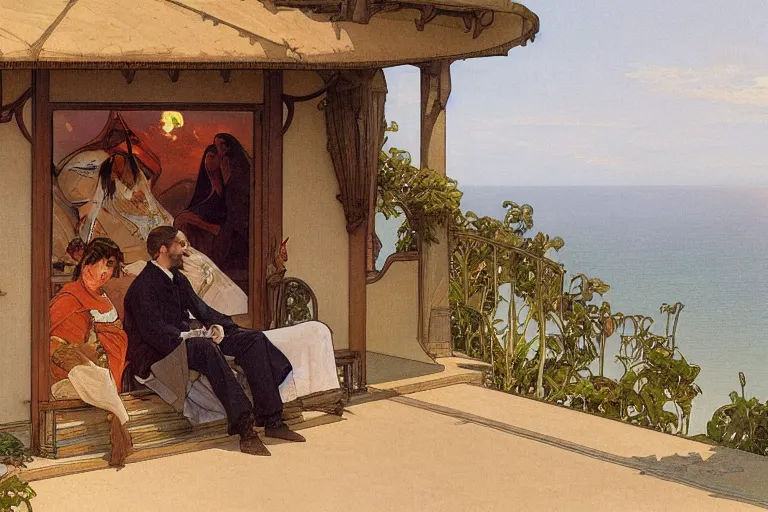 Image similar to a matte painting of a man watching the sunset with his wife in his house by the beach, by greg rutkowski, by alphonse mucha, muted colors