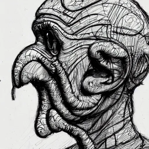Prompt: a realistic yet scraggly portrait sketch of the side profile of a stern and sophisticated squidward tentacles, trending on artstation, intricate details, in the style of frank auerbach, in the style of sergio aragones, in the style of martin ansin, in the style of david aja, in the style of mattias adolfsson