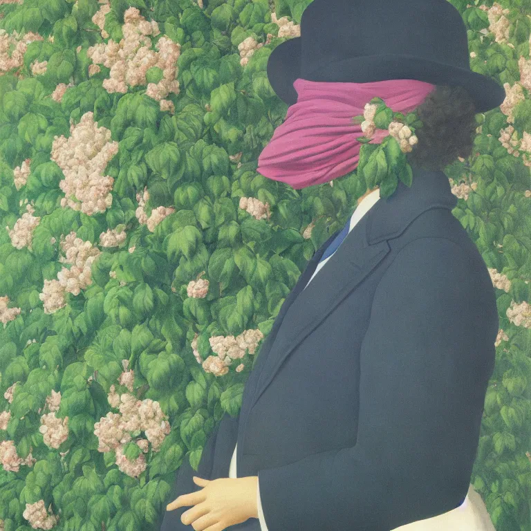 Prompt: portrait of a man, face hidden by beautiful flowers, by rene magritte, detailed painting, hd, hq, high resolution, high detail, 4 k, 8 k