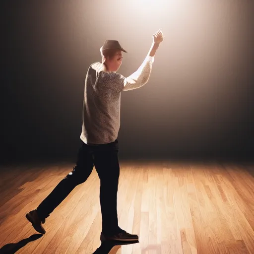 Image similar to a man boisterously dancing around the room by himself holding an empty bottle jumps in the air, dramatic lighting, award-winning photo UHD, 4K