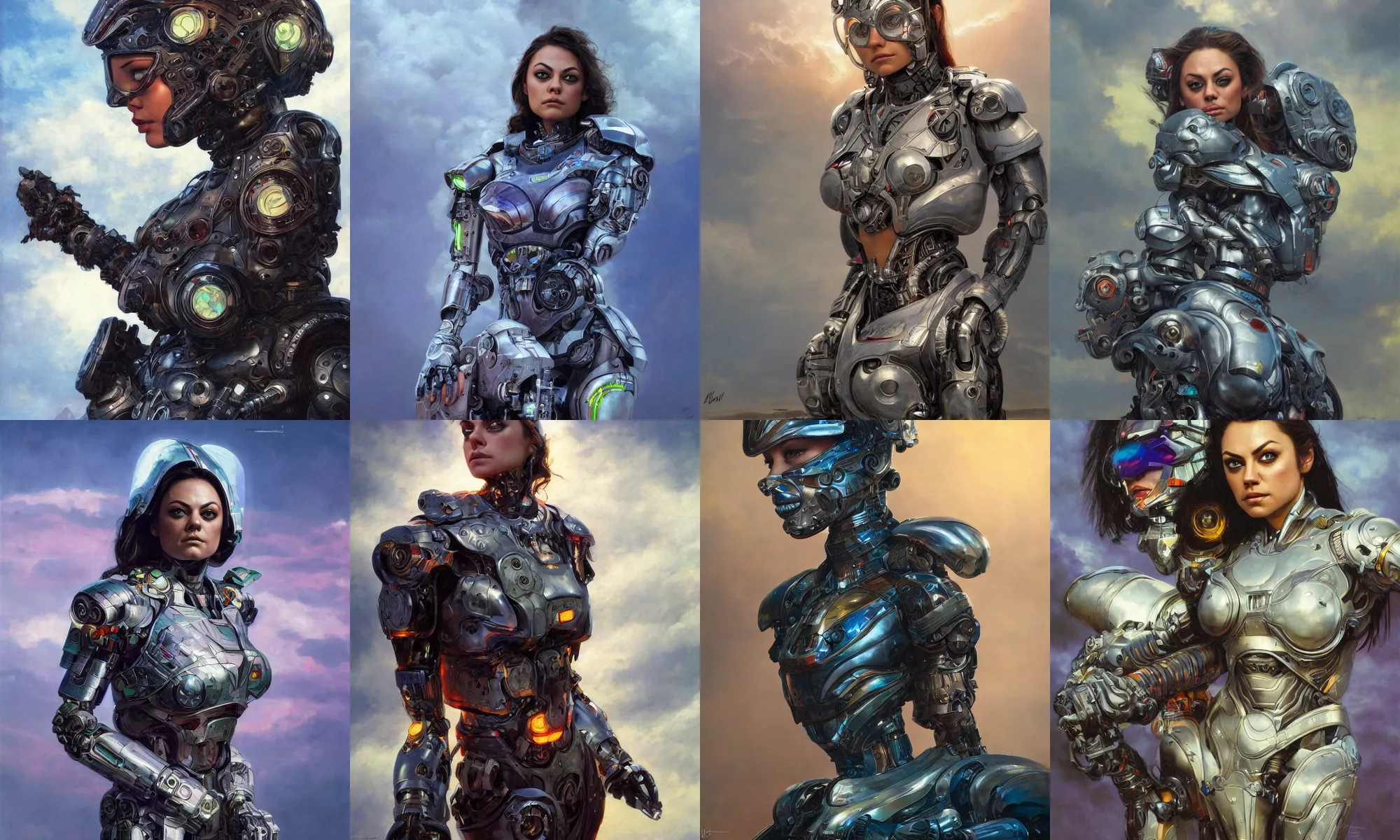 Image similar to portrait of epic mila kunis cyborg neon armor, in clouds, cinematic studio light, windy, sunrise, wlop, by gerald brom, by mikhail vrubel, by peter elson, muted colors, extreme detail, trending on artstation