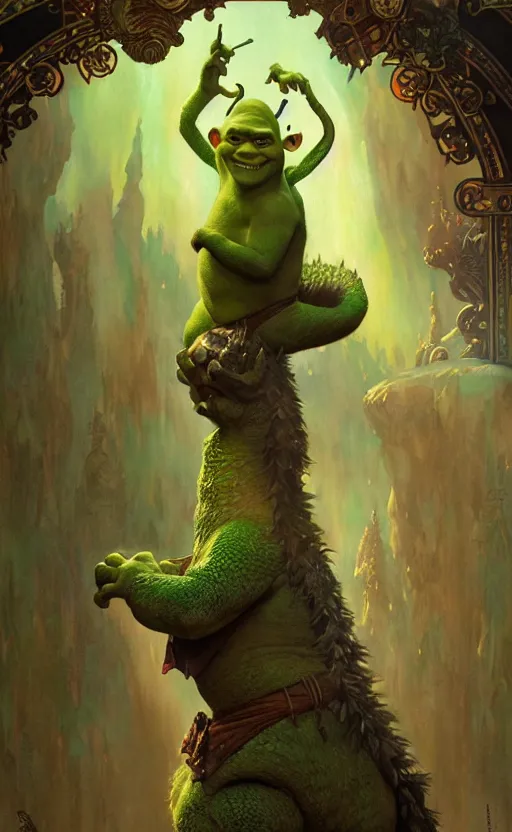 Image similar to shrek dragon gorgeous lighting by weta studio, mucha, bautista and norman rockwell and greg rutkowski and tom bagshaw and james gurney and lucasfilm