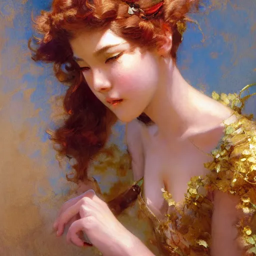 Prompt: dreamy high fashion studio portrait of a charming anime girl, closed eyes, painting style by gaston bussiere, craig mullins, j. c. leyendecker