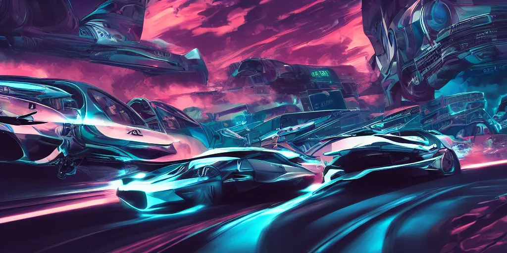 Image similar to high octane car chase, futuristic, sci - fi, vaporwave, wide shot, digital art, detailed